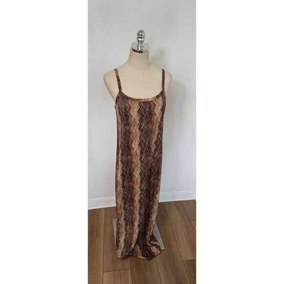 Y2K 2000s Maxi Slip Dress Spaghetti Strap Crinkle Zig Zag Abstract Brown M/L - Picture 1 of 14